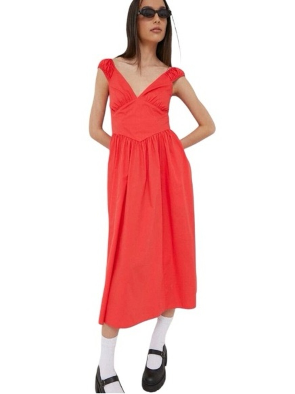 Abercrombie & Fitch Red V-Neck Cap Sleeve Midi Dress